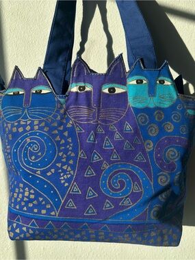 Laurel Burch // Blue and Teal Cat-Print zipper top Tote